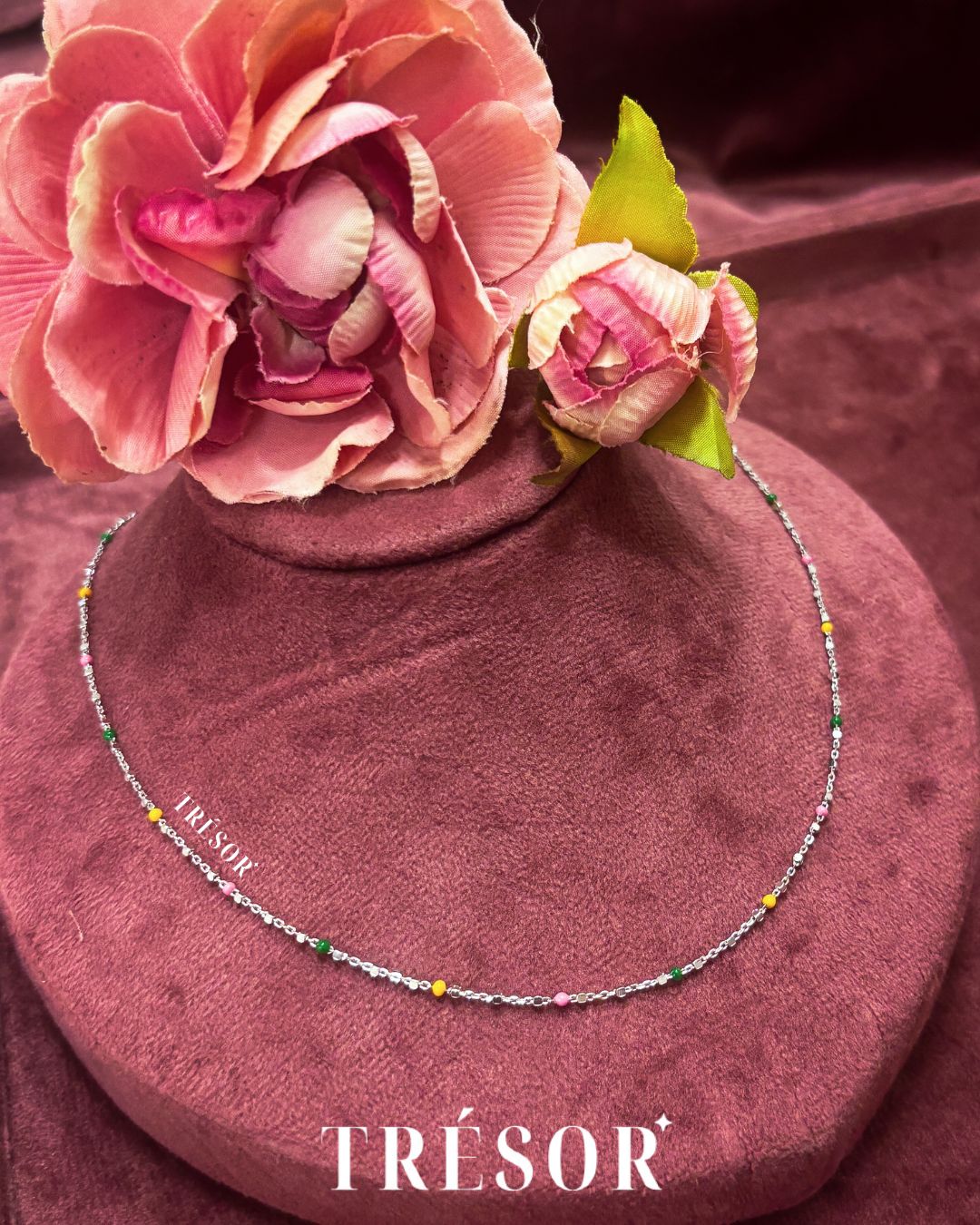 Pink, Green & Yellow Beaded Silver Necklace