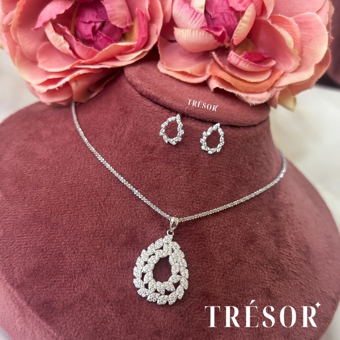 Big Double Silver Line Drop Pendant Set