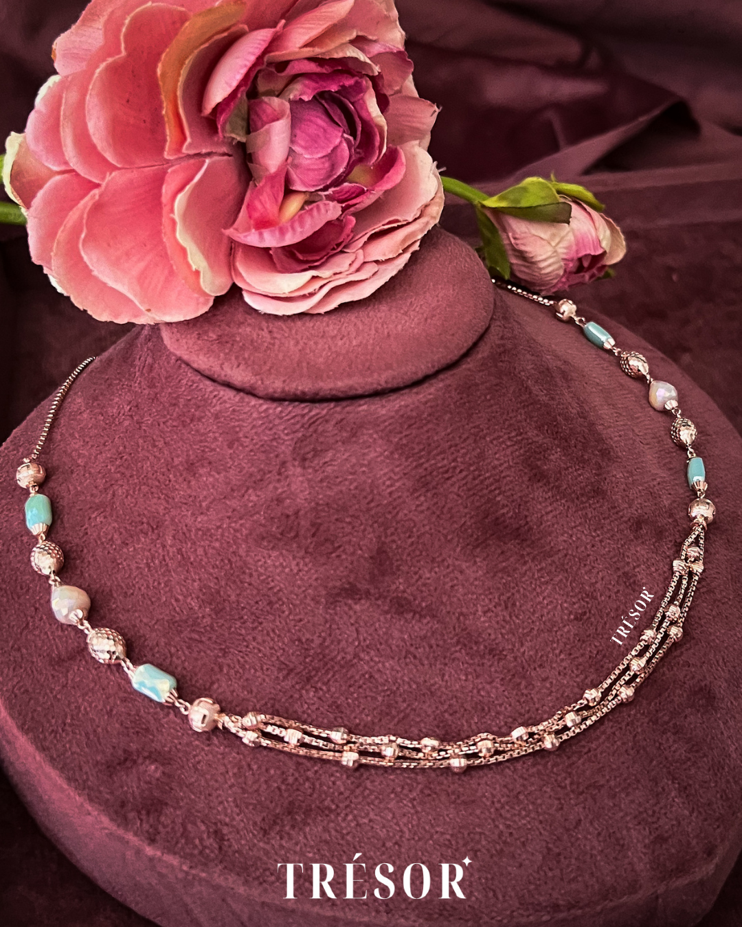 Pastel Green & Pearl Triple Line Necklace