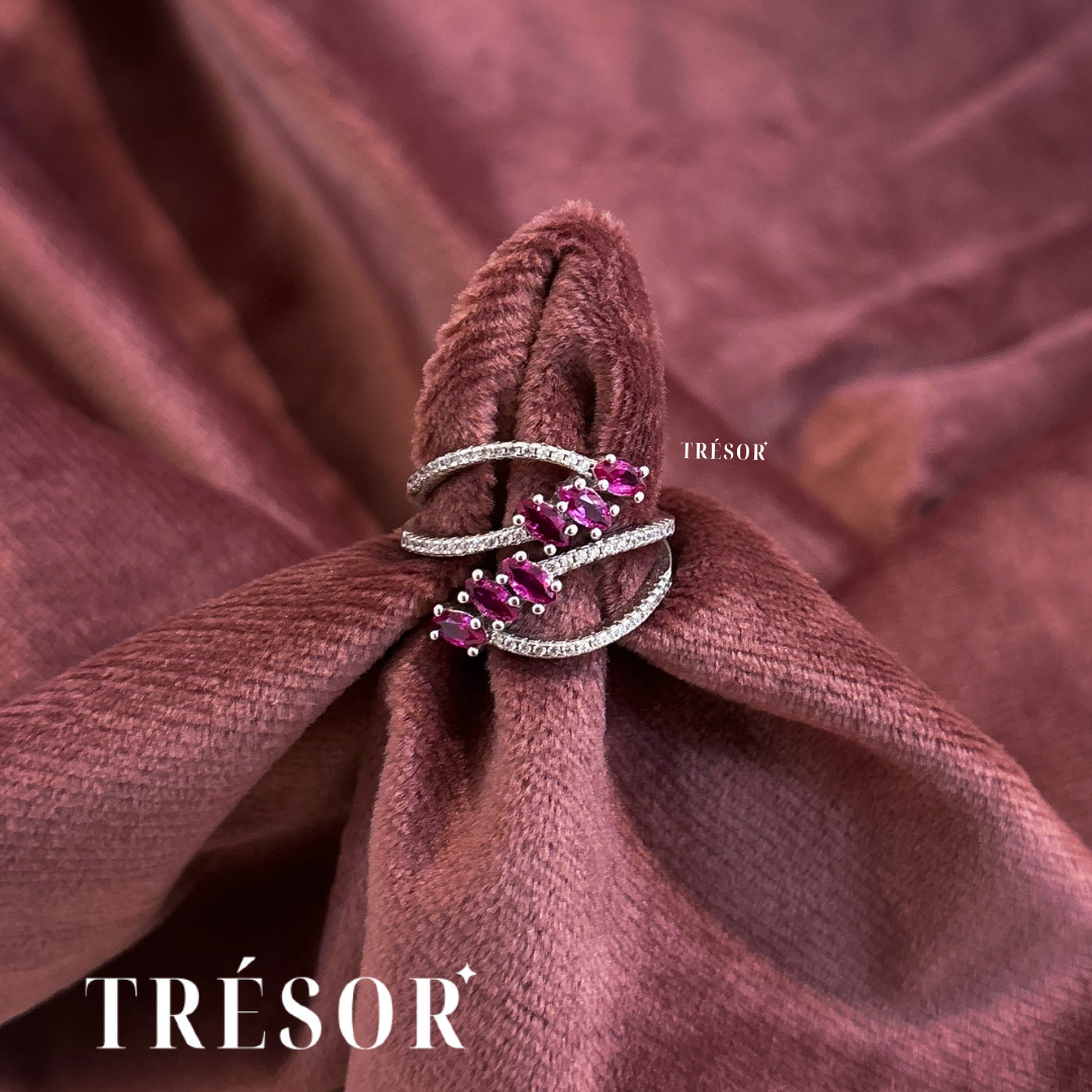 Red Marquise & 4 Diamond Lines Ring