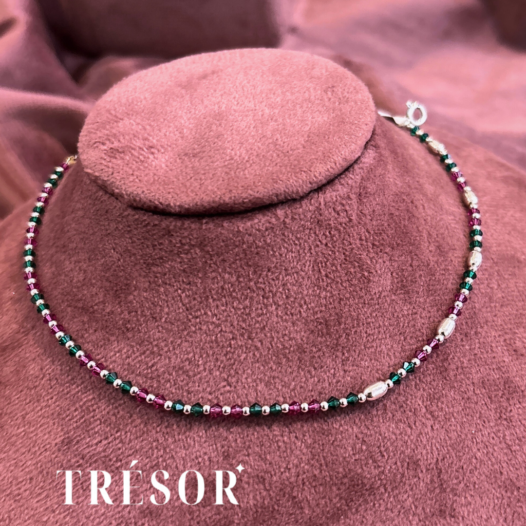 Pink & Green Beaded Silver Anklet