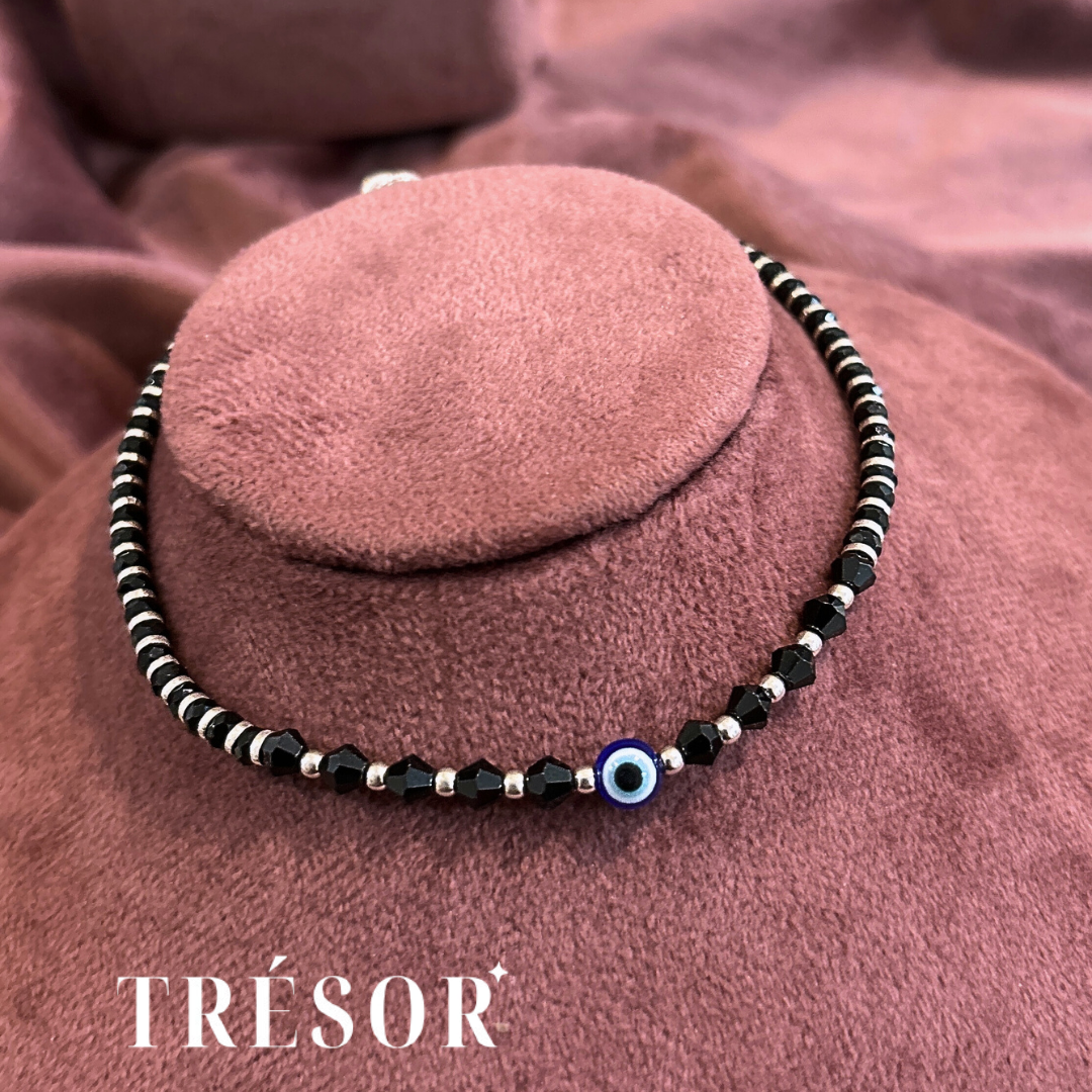 Black Beaded Evil Eye Anklet