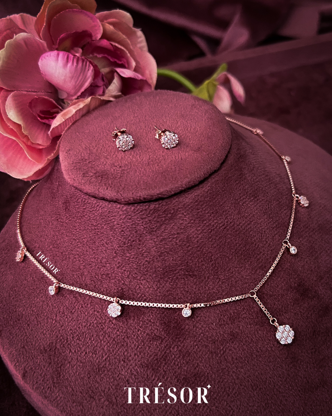 Micro Diamond & Flower Charms Jewellery Set