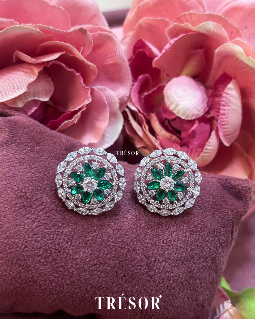 Green Floral Studs