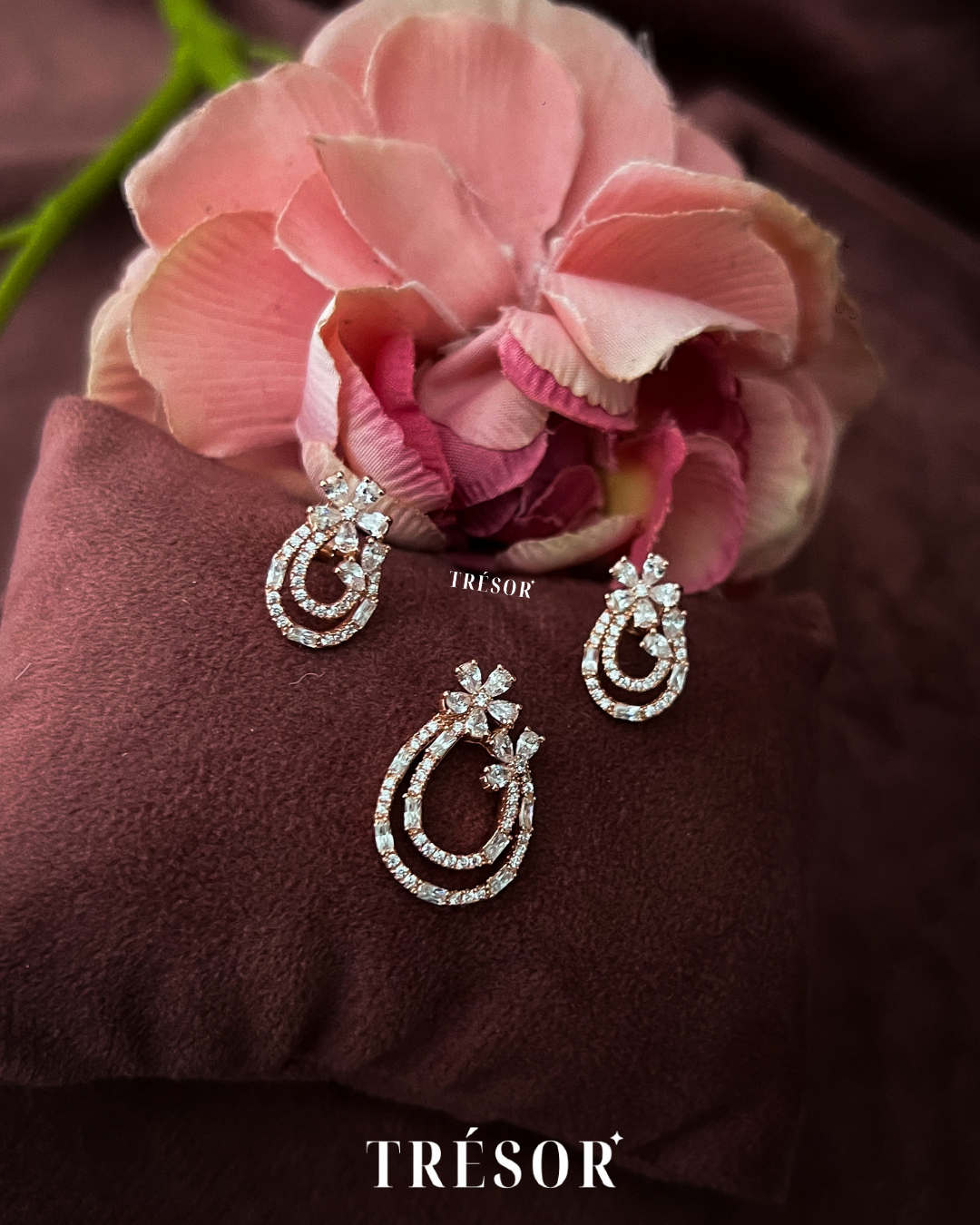 Studded Double Line Drop & Floral Jewellery Set