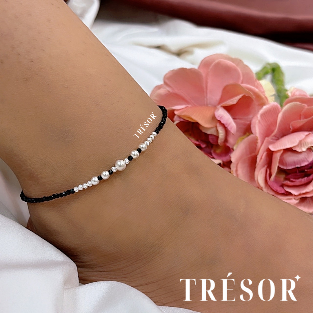 Black Beads & Silver Big/Small Balls Anklet