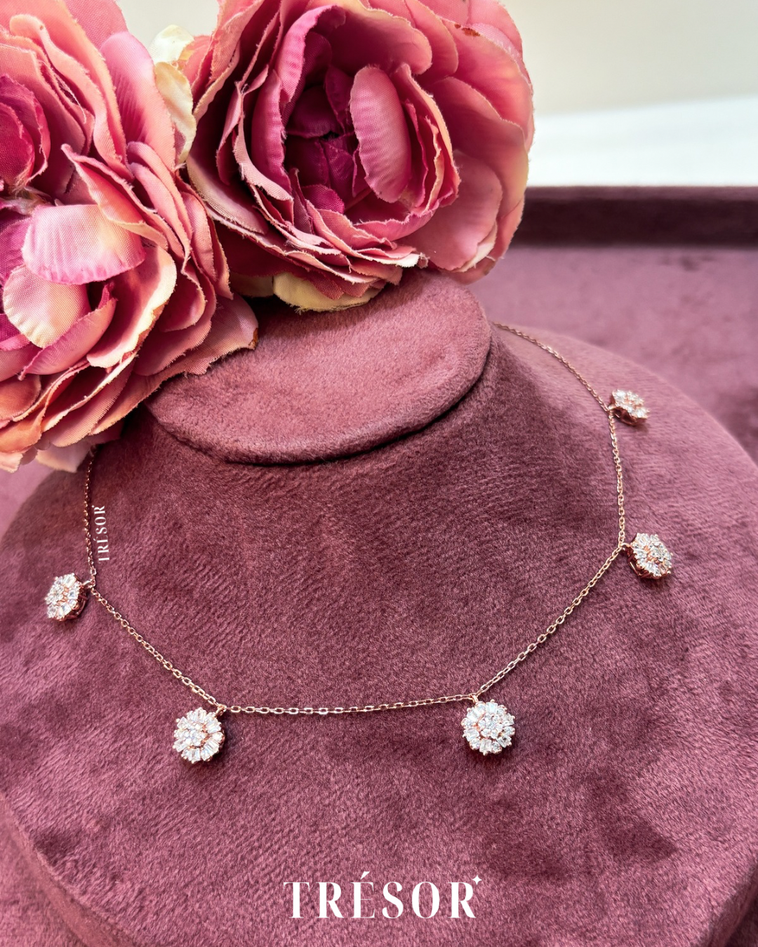 5 Baguette Flower Charms Necklace