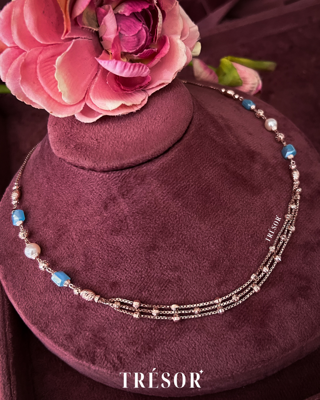 Blue Square & Pearl Triple Line Necklace