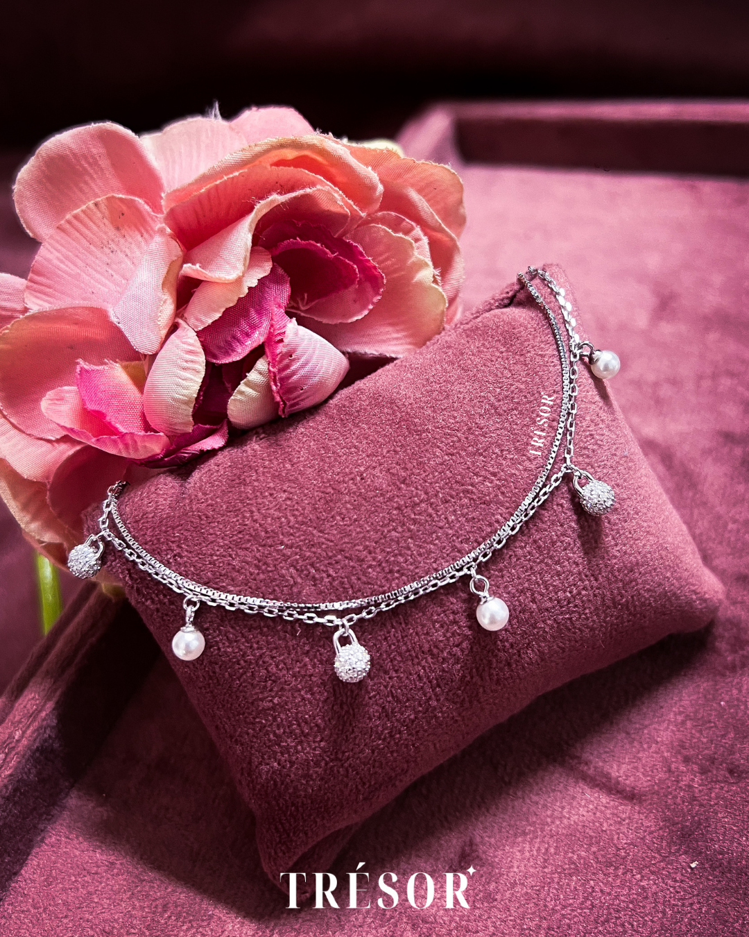 Double Line Pearl And Studded Balls Bracelet