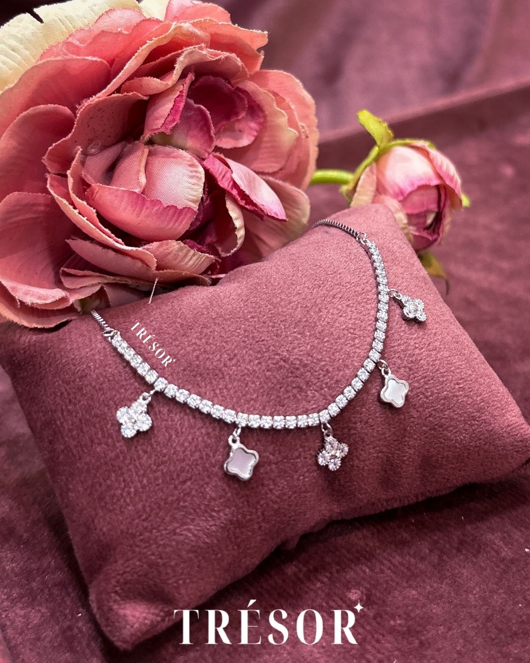 Half Tennis With MOP & Flower Charms Anklet