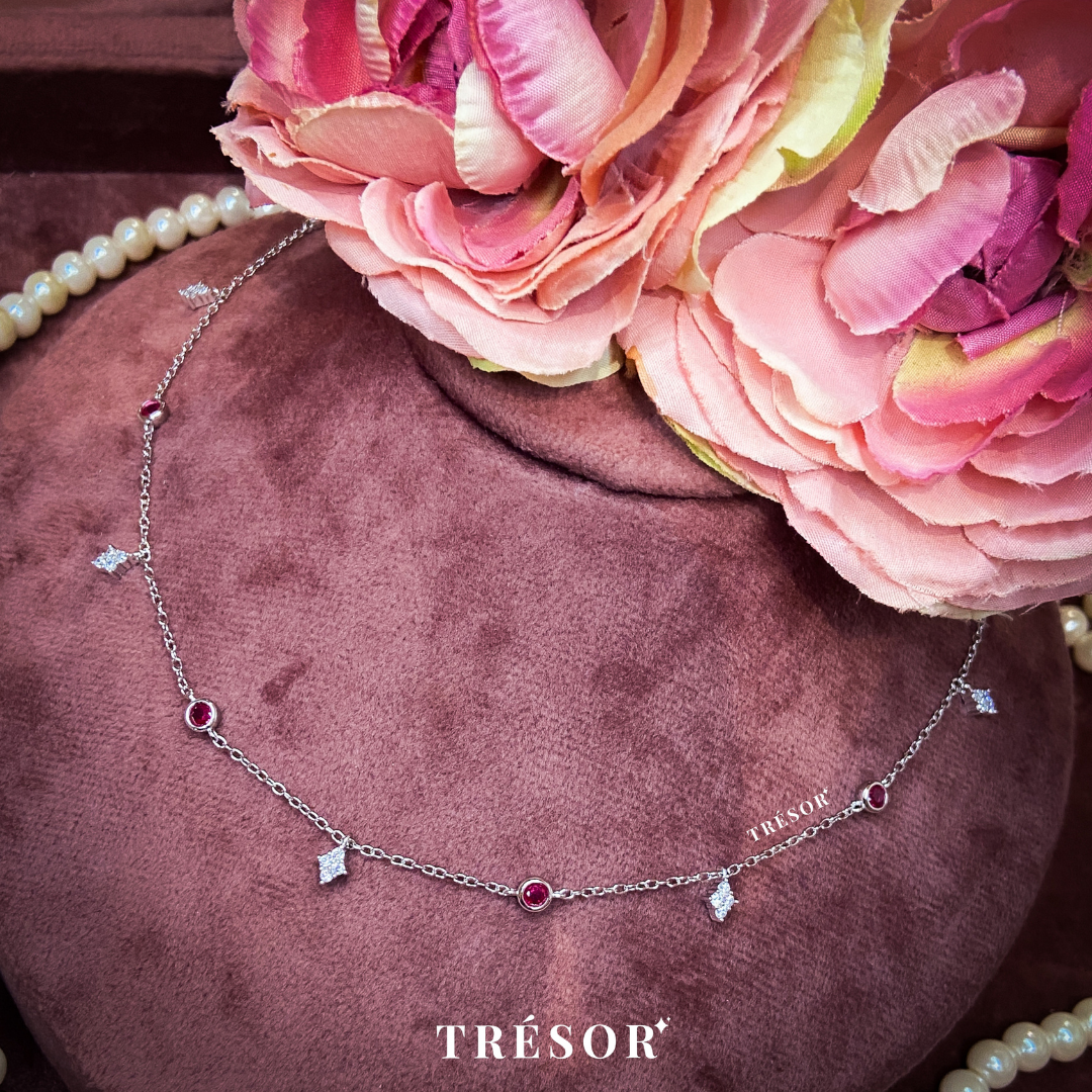 Red Micro Stones & Diamond Charms Necklace