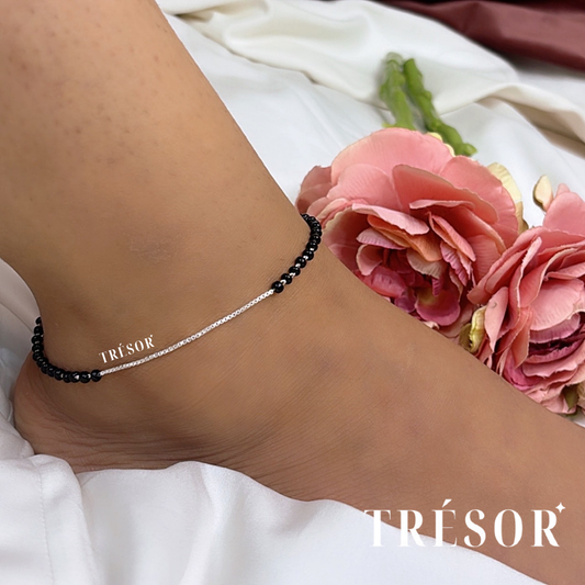 Half Black Beaded Box Chain Anklet