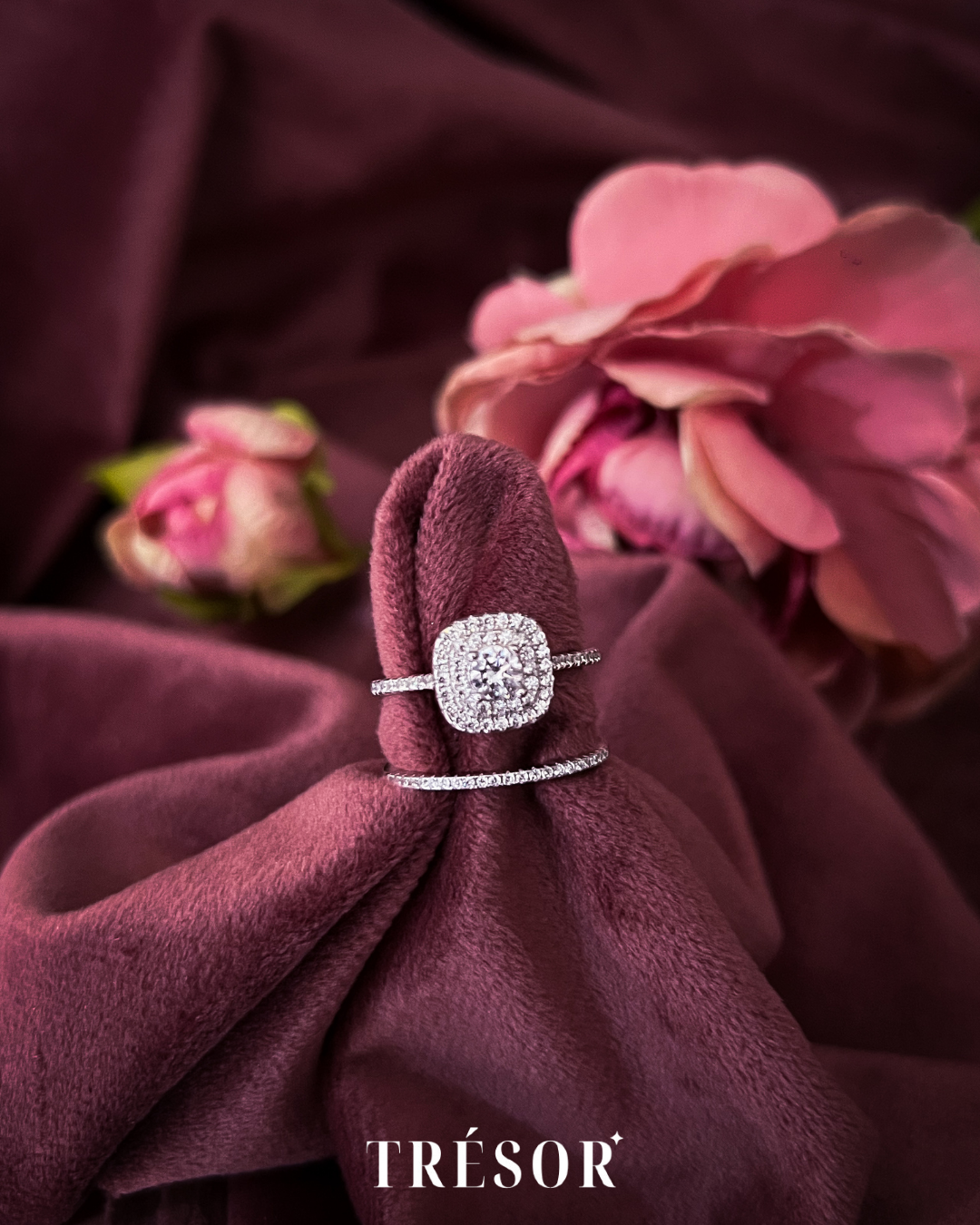 Halo Cushion & Studded Band Ring Set