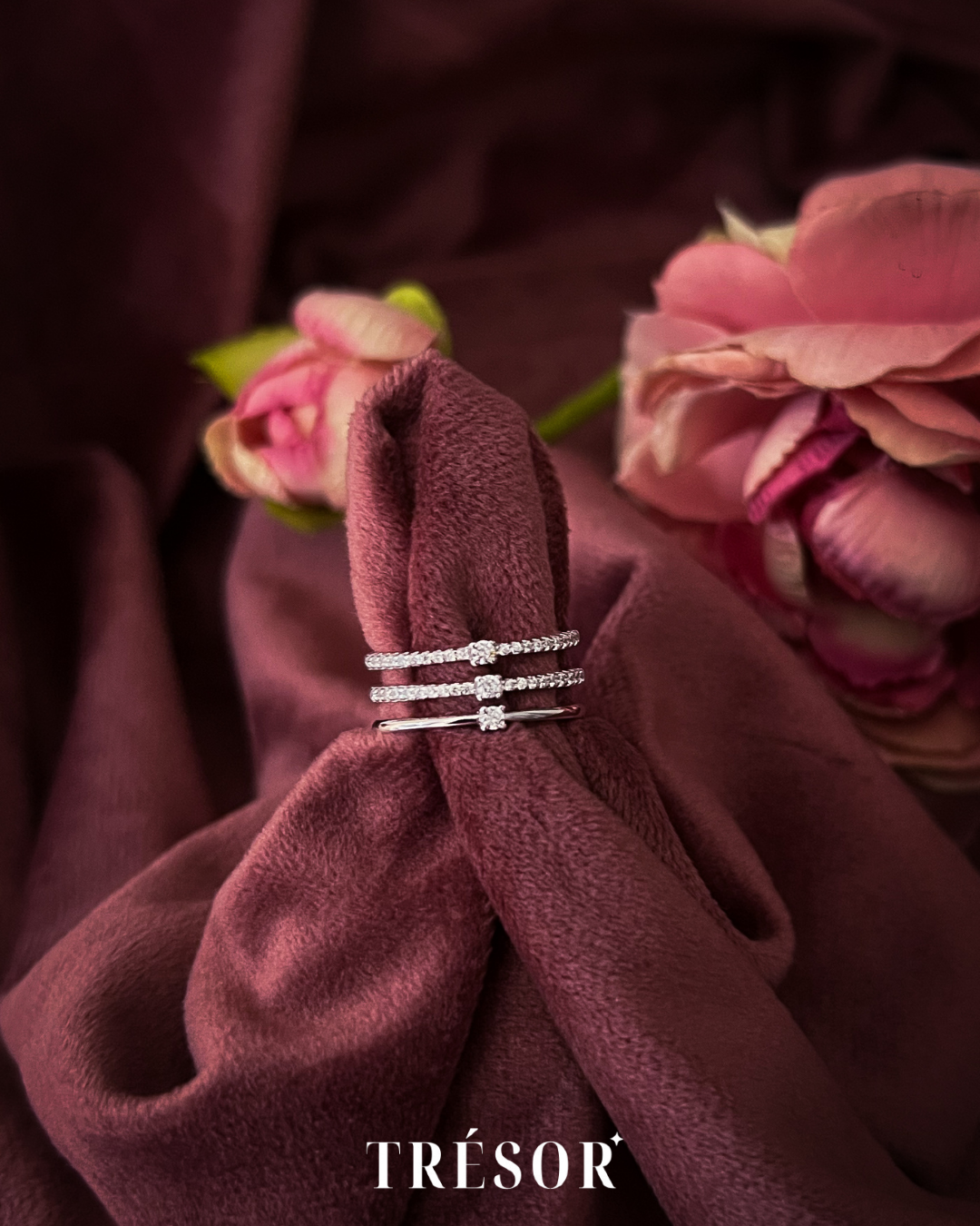 Two Studded Lines & Plain Band Ring