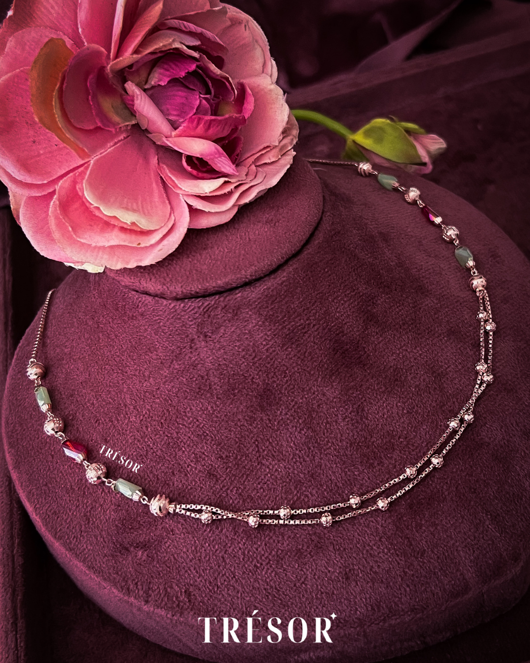 Light Green & Red Bead Double Line Necklace