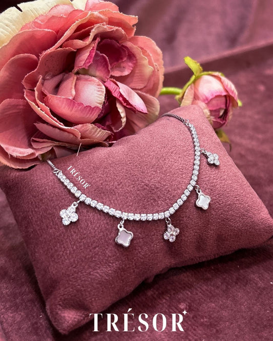Half Tennis With MOP & Flower Charms Anklet