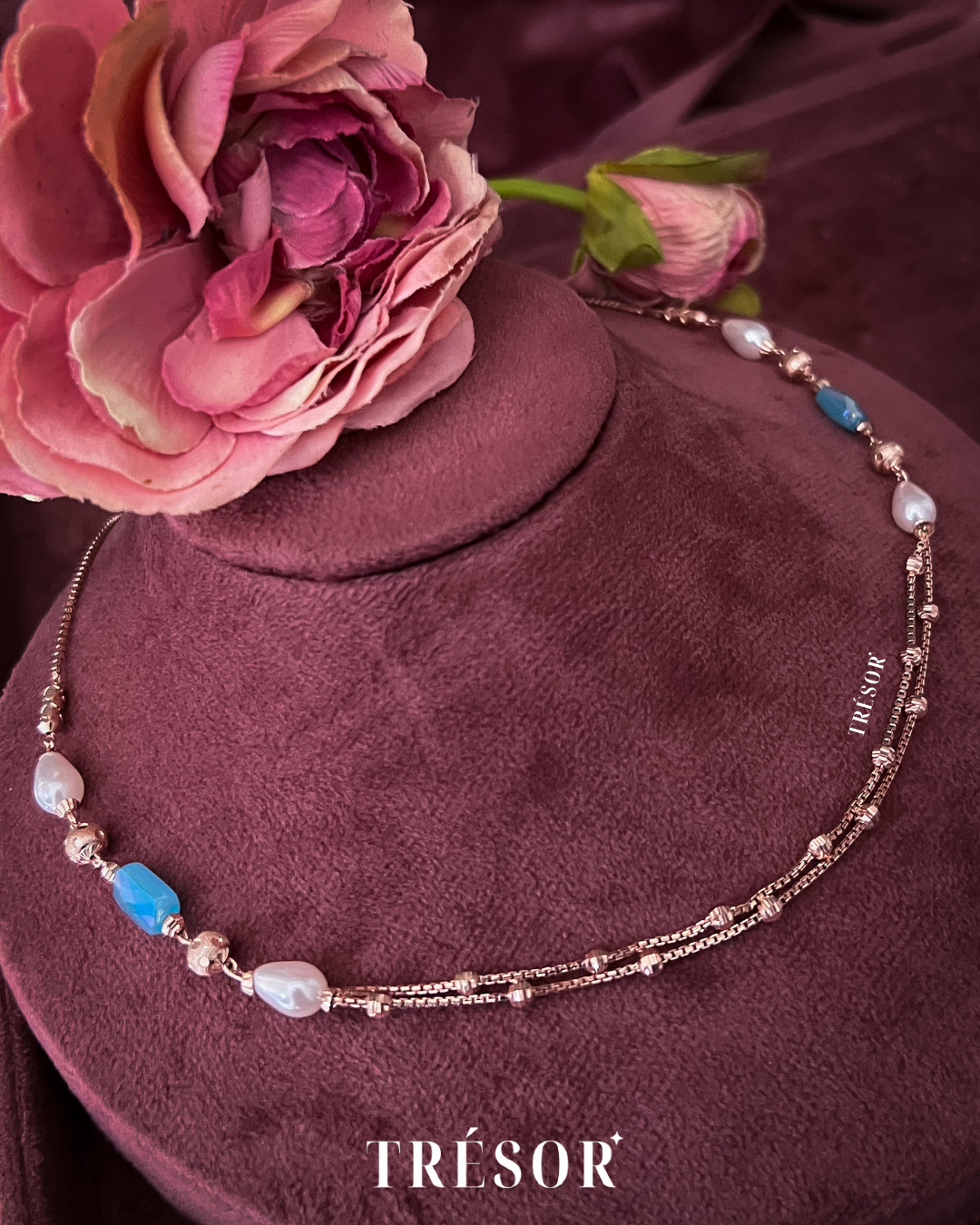 Blue Rectangle & Pearl Double Line Necklace
