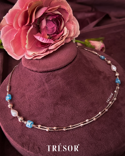 2 Blue Square & Pearl Double Line Necklace